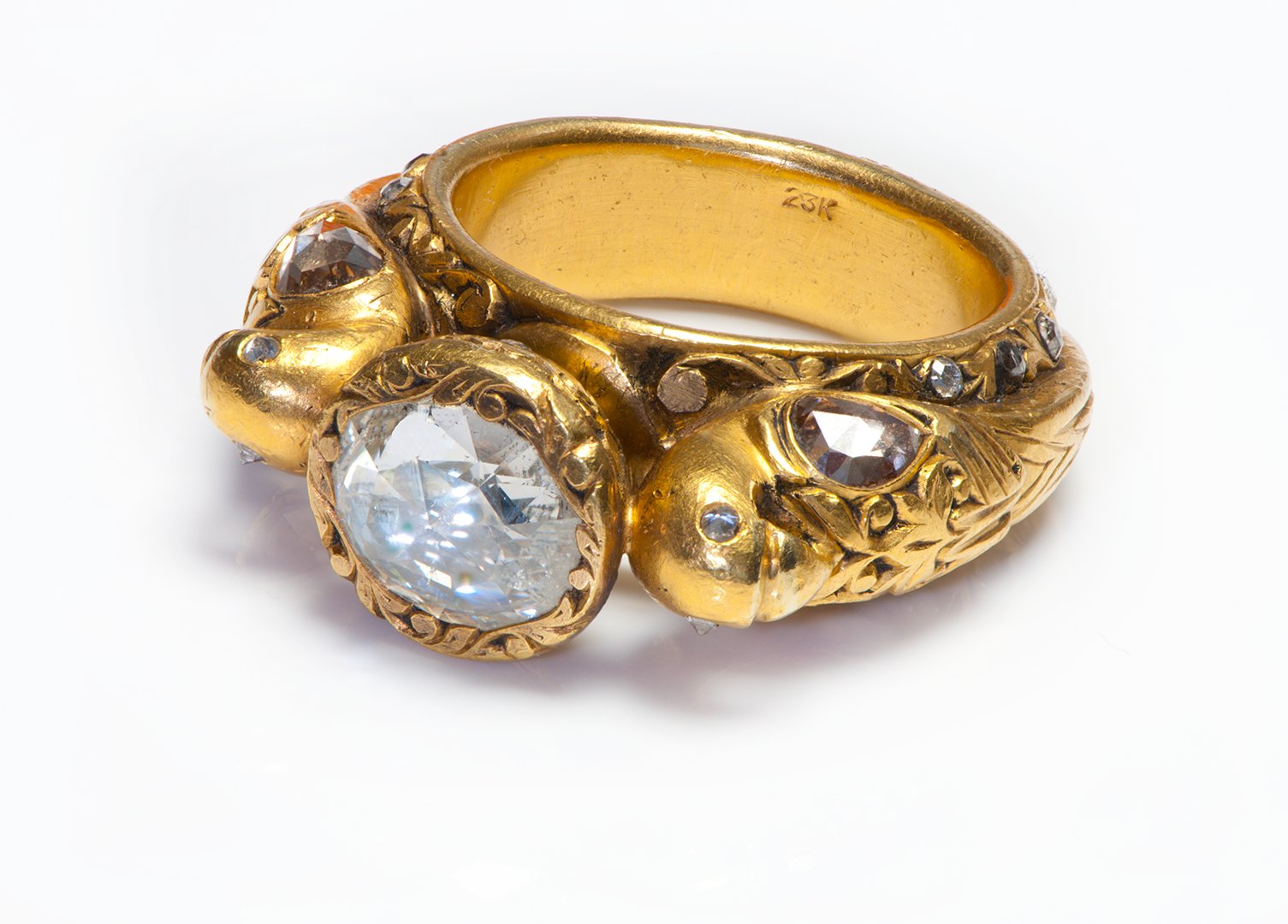 Vintage 23K Carved Gold Rose Diamond Figural Men’s Ring