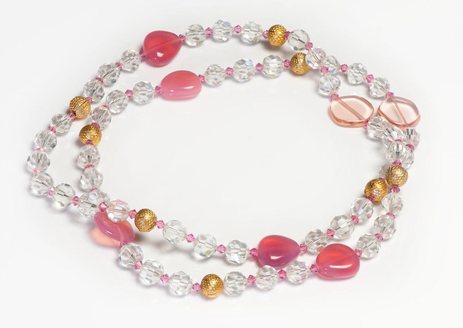 Vintage AB Crystal Glass Beads Pink Lucite Sautoir Necklace