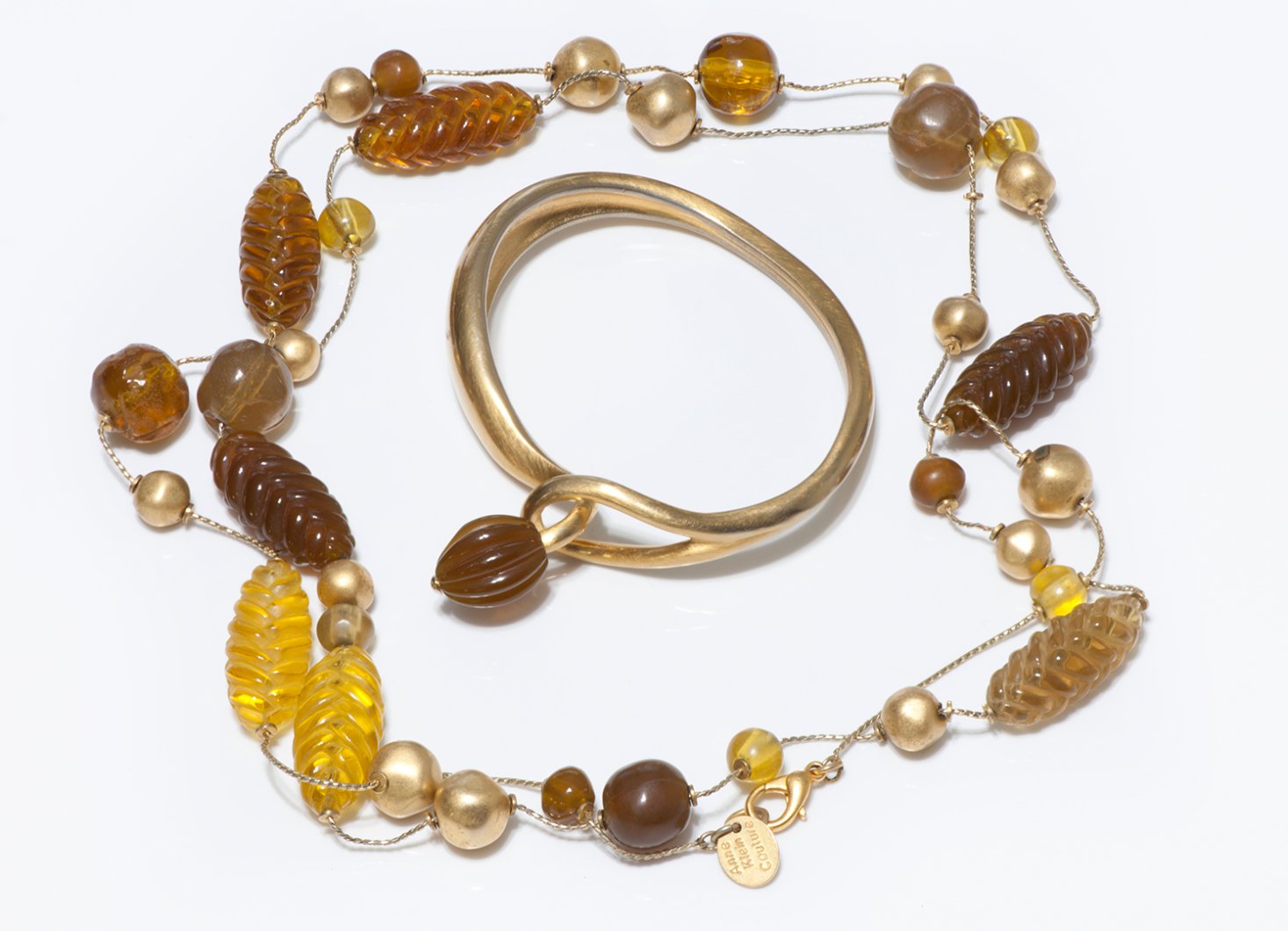 Vintage Anne Klein Couture Brown Yellow Lucite Beads Necklace Bracelet Set