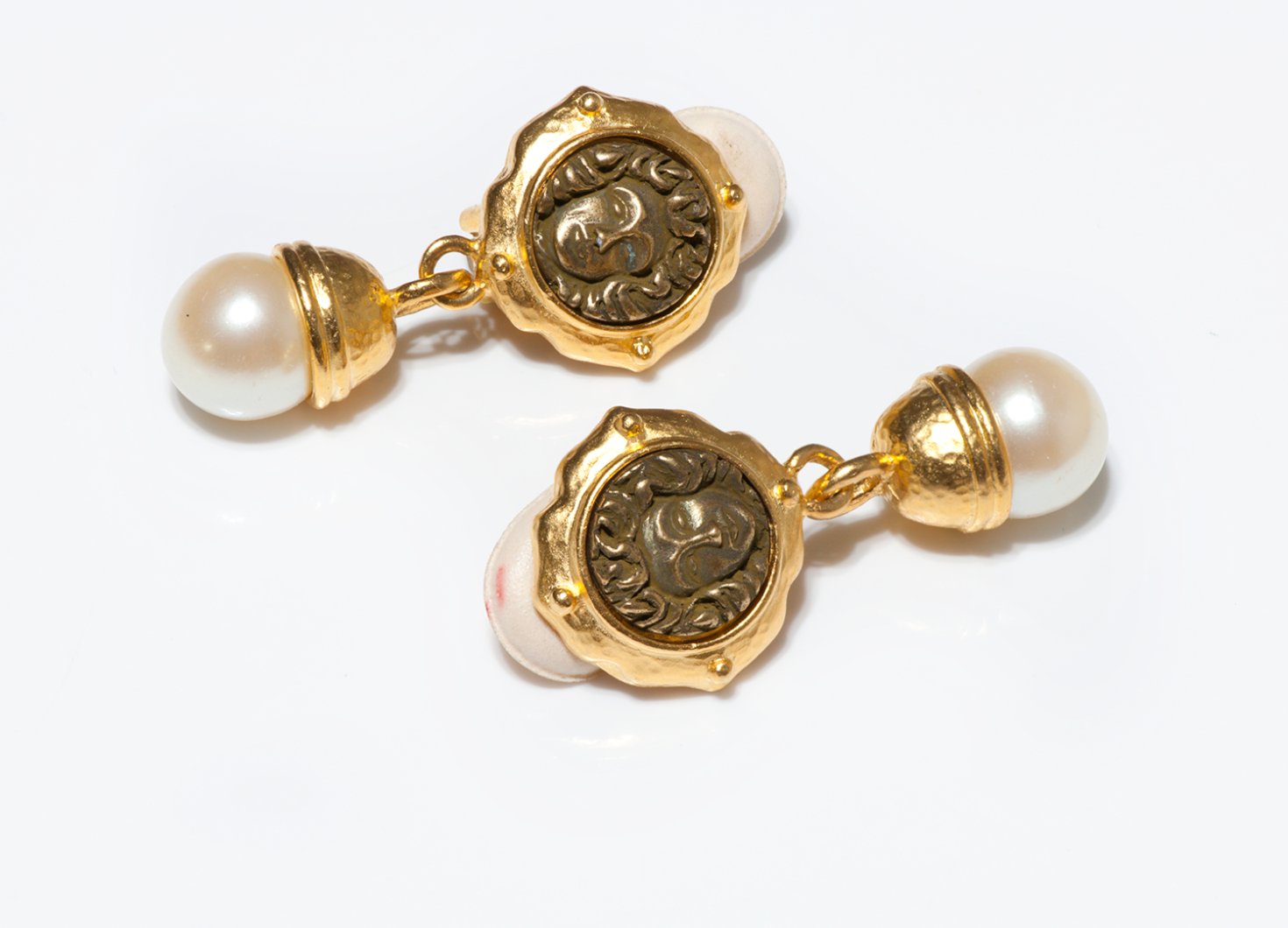 Vintage Anne Klein Gold Plated Faux Pearl Coin Earrings
