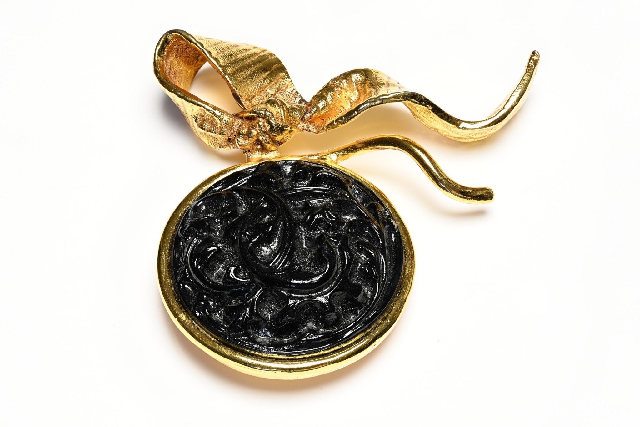 Vintage Antigona Paris Gold Plated Black Carved Glass Bow Brooch