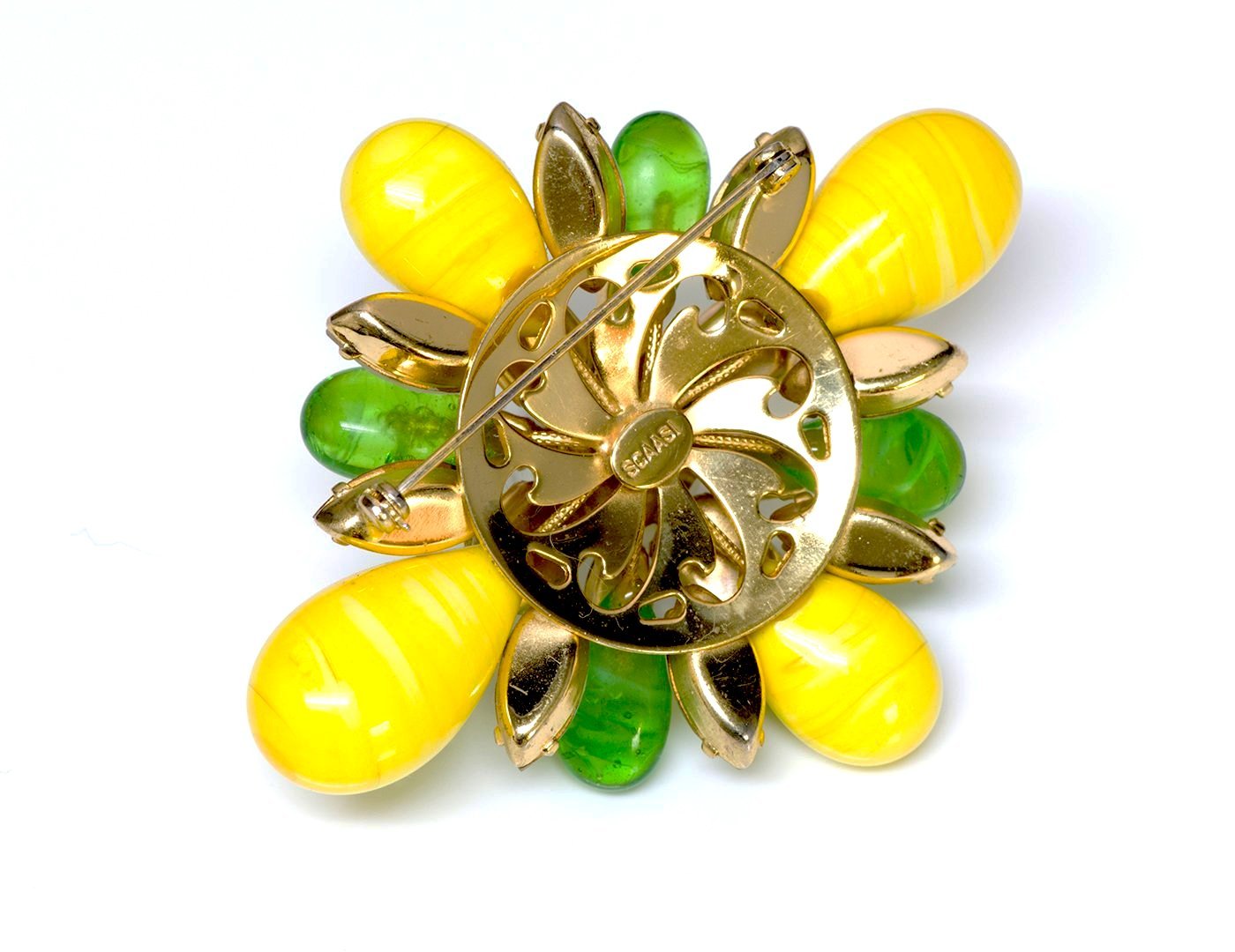 Vintage Arnold Scaasi Couture Yellow Green Glass Pearl Brooch