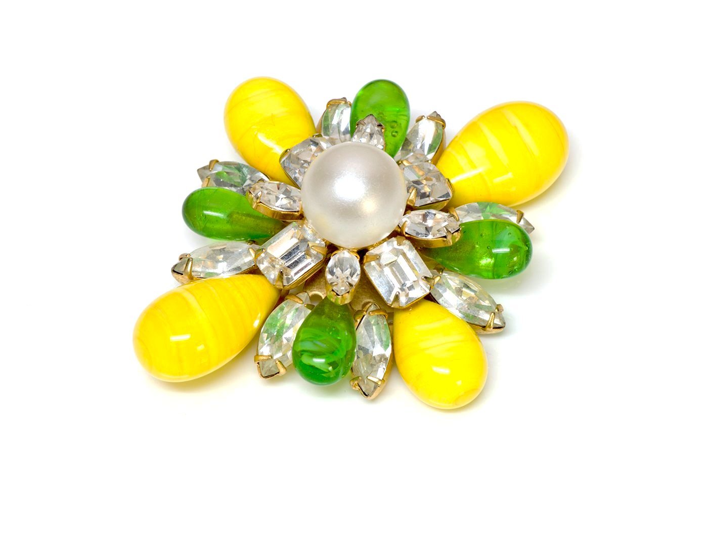 Vintage Arnold Scaasi Couture Yellow Green Glass Pearl Brooch