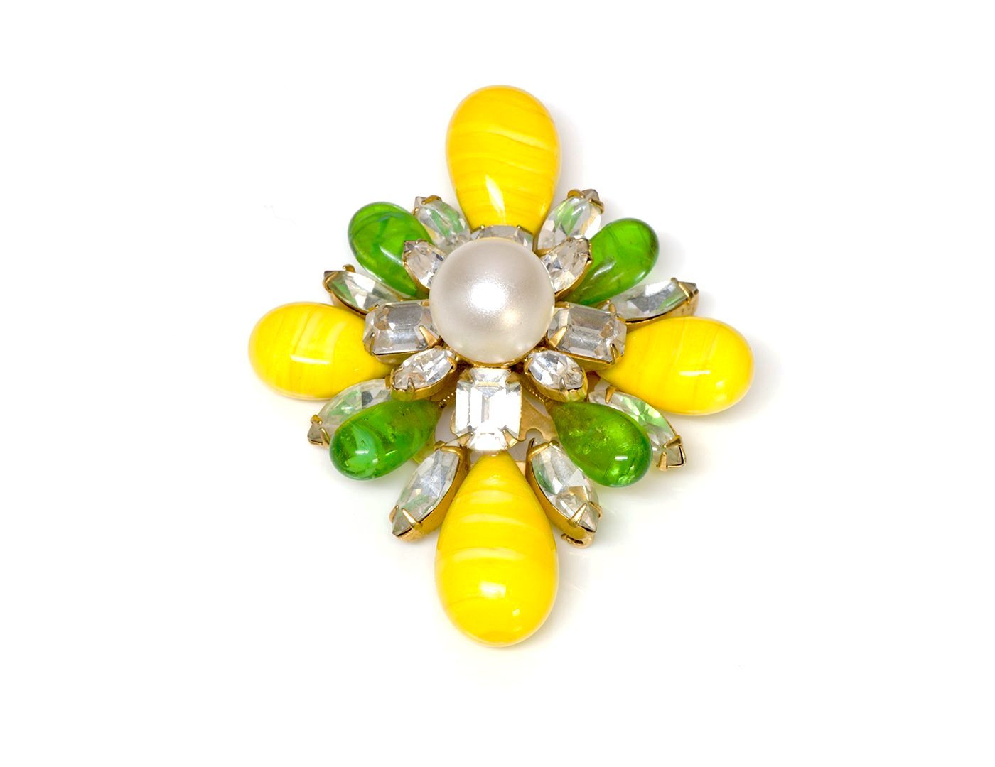 Vintage Arnold Scaasi Couture Yellow Green Glass Pearl Brooch