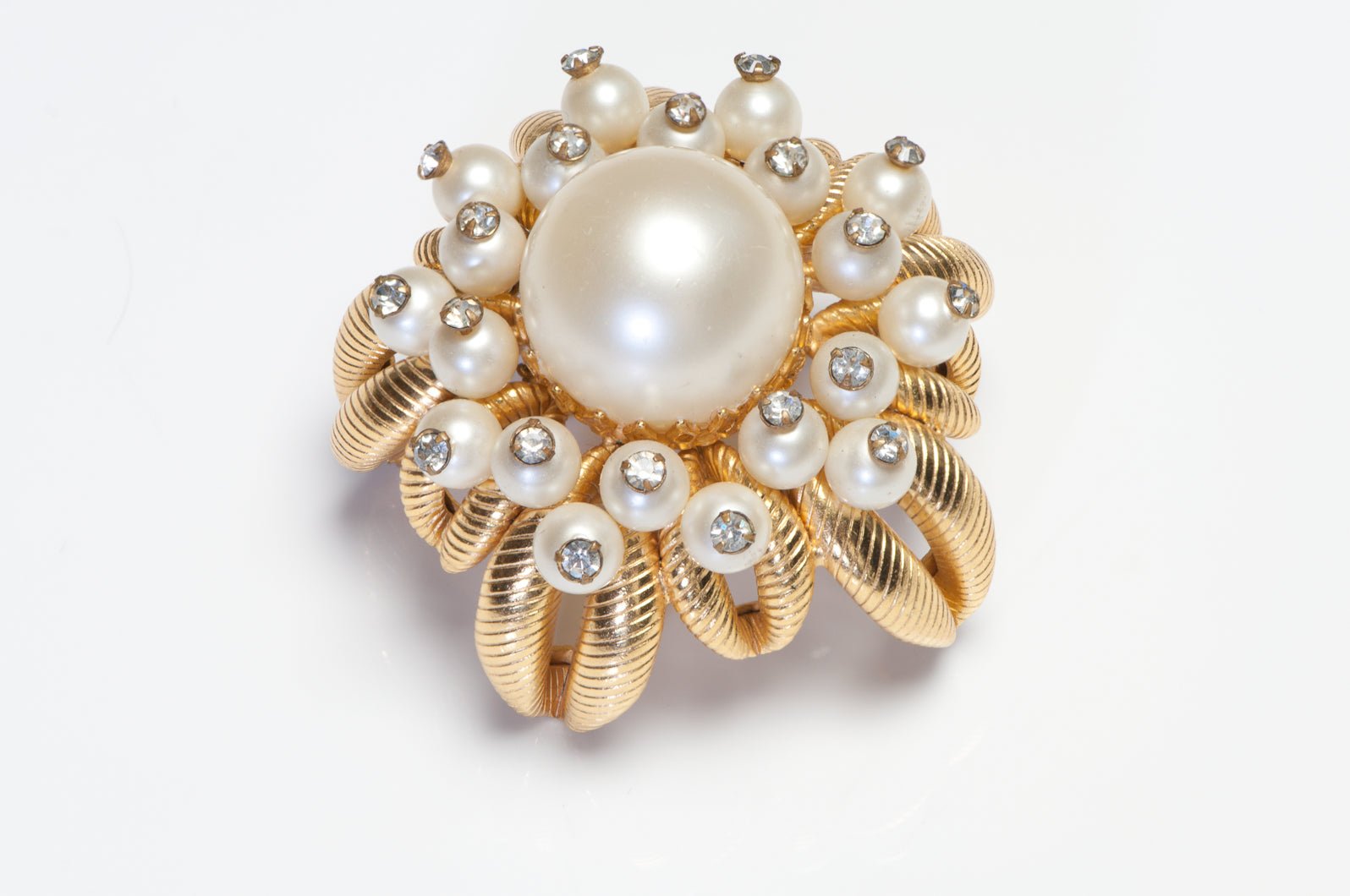 Vintage Arnold Scaasi Faux Pearl Crystal Flower Brooch