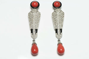 Vintage Art Deco 89 Black Enamel Orange Glass Drop Earrings
