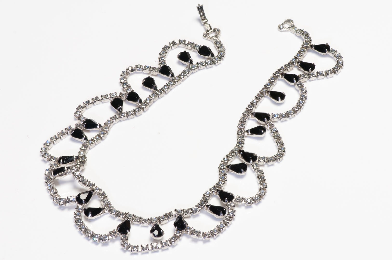 Vintage Astra Joseph Wiesner Rhodium Plated Black Crystal Flower Collar Necklace