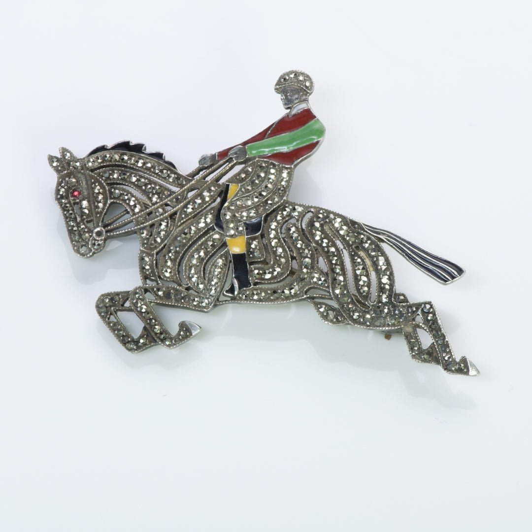 Vintage Austria Silver Marcasite Enamel Horse Jockey Brooch