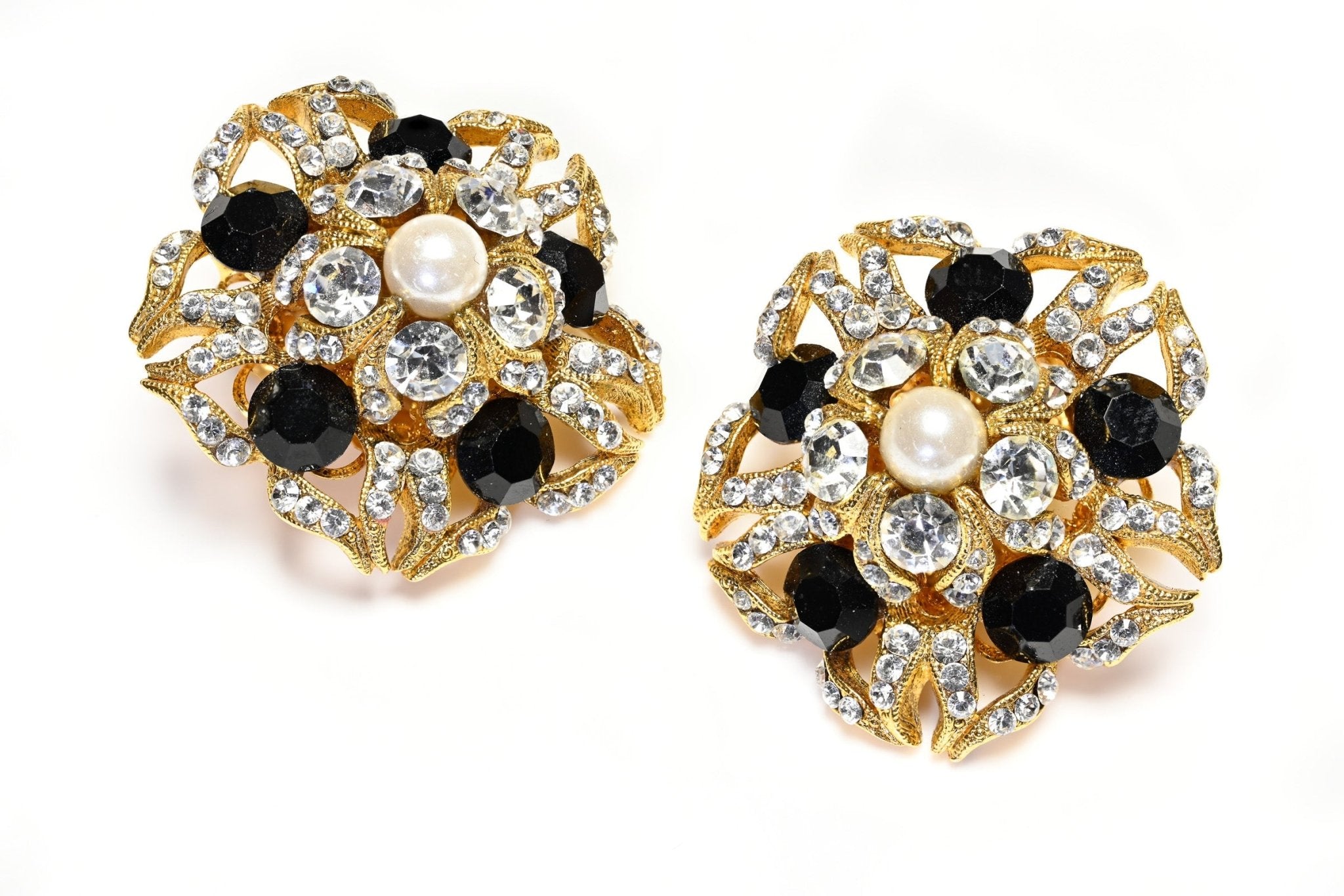 Vintage Barrera Gold Plated Black Crystal Pearl Flower Dome Earrings
