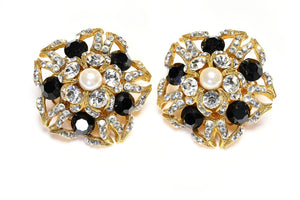 Vintage Barrera Gold Plated Black Crystal Pearl Flower Dome Earrings