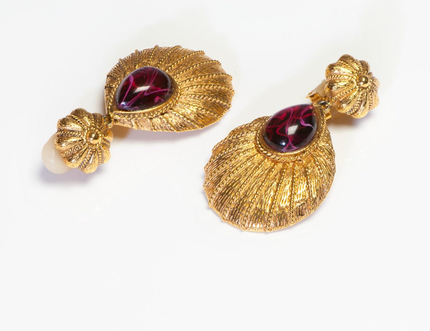 Vintage Barrera Long Gold Plated Red Cabochon Glass Earrings