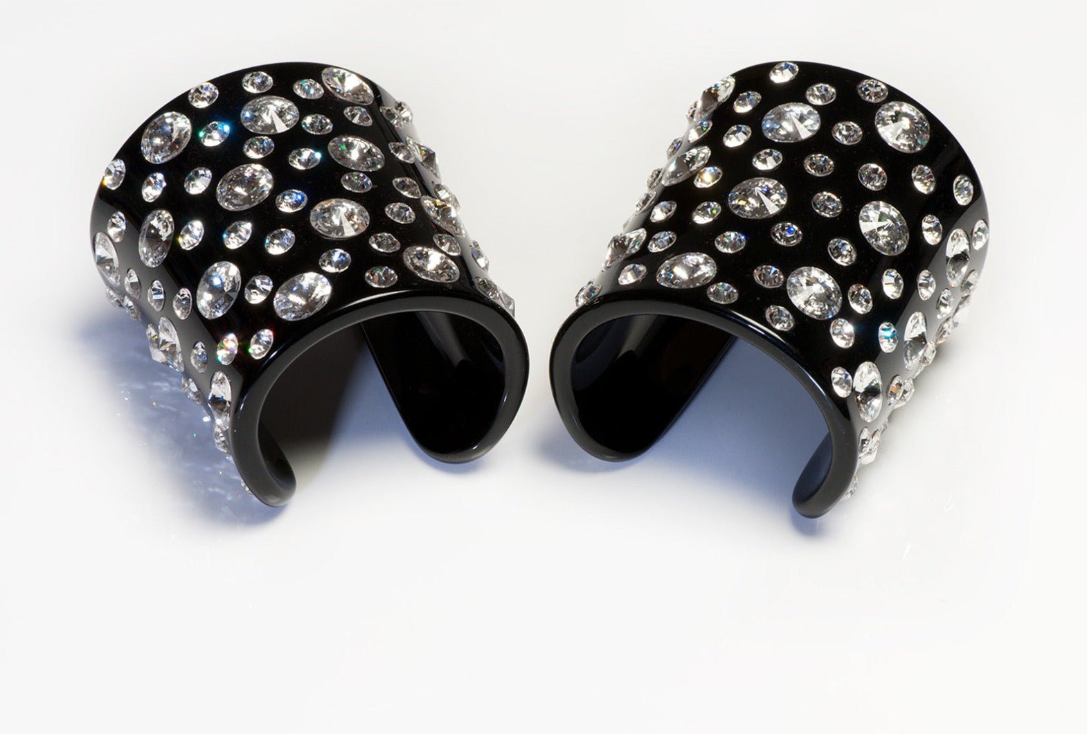 Vintage Bergdorf Goodman Black Resin Crystal Wide Cuff Bracelets Earrings Set
