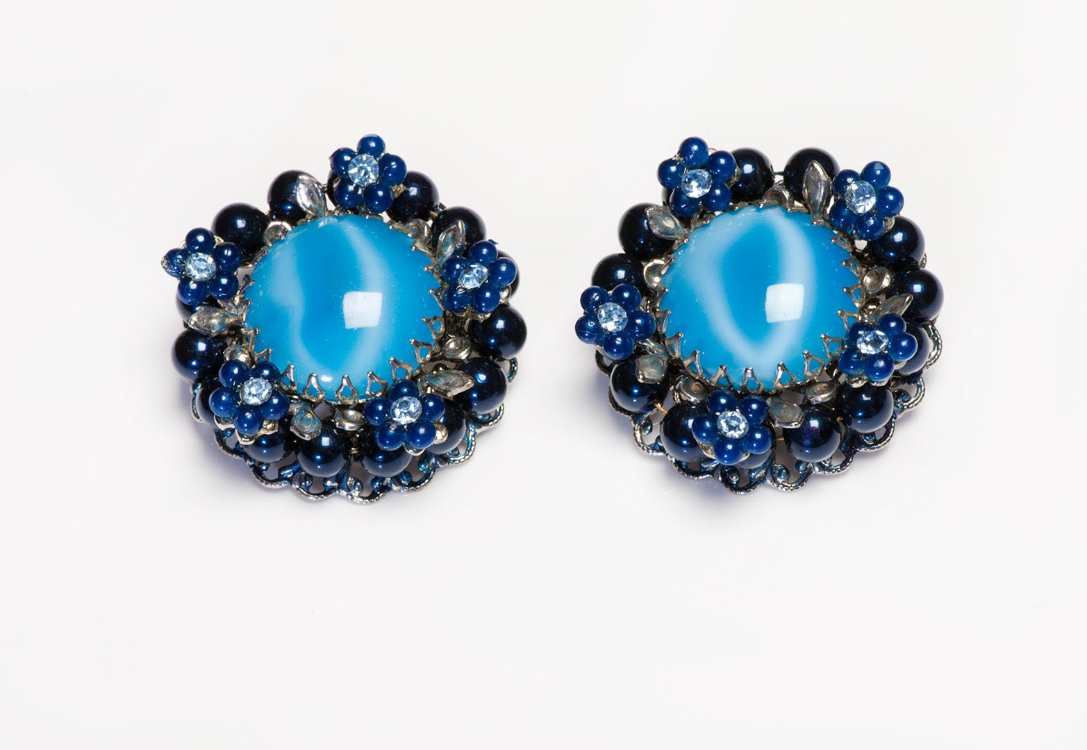 Vintage Blue Crystal Cabochon Resin Flower Earrings
