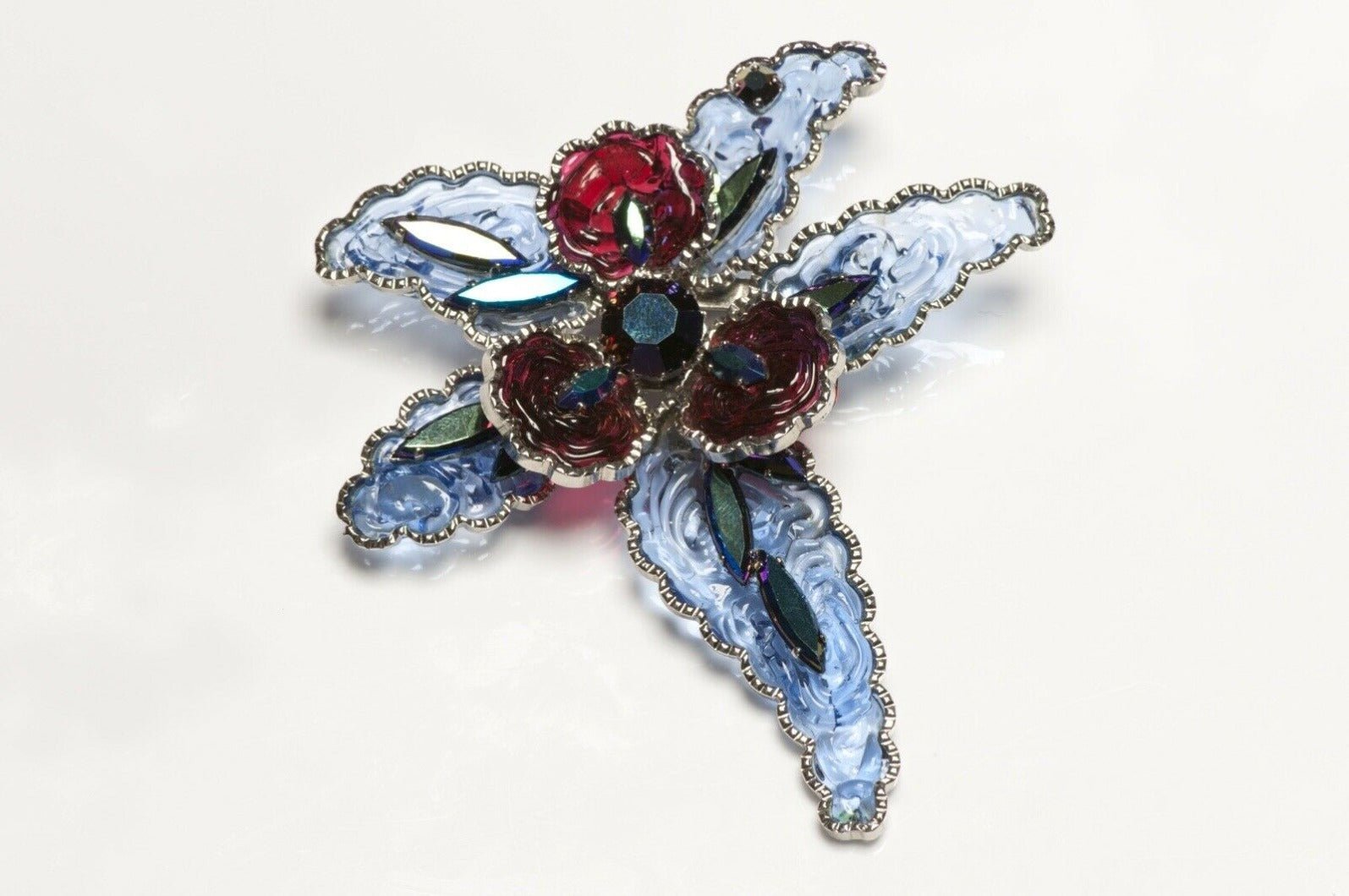 Vintage Blue Red Poured Glass AB Crystal Orchid Flower Brooch