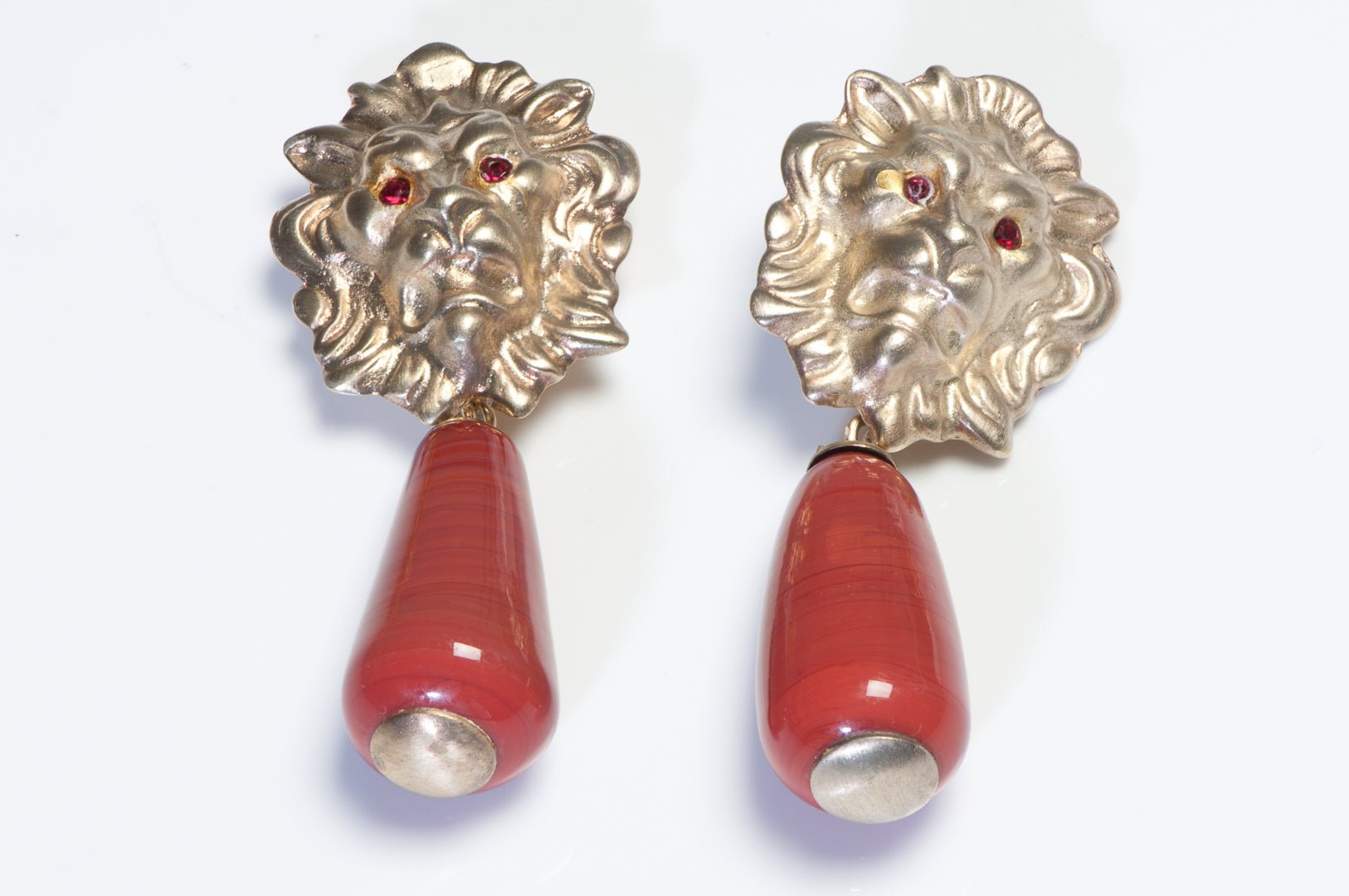 Vintage Bottega Veneta Sterling Silver Red Glass Crystal Lion Earrings