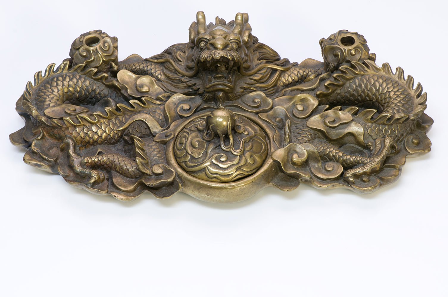 Vintage Bronze Asian Dragon Desk Ink Well