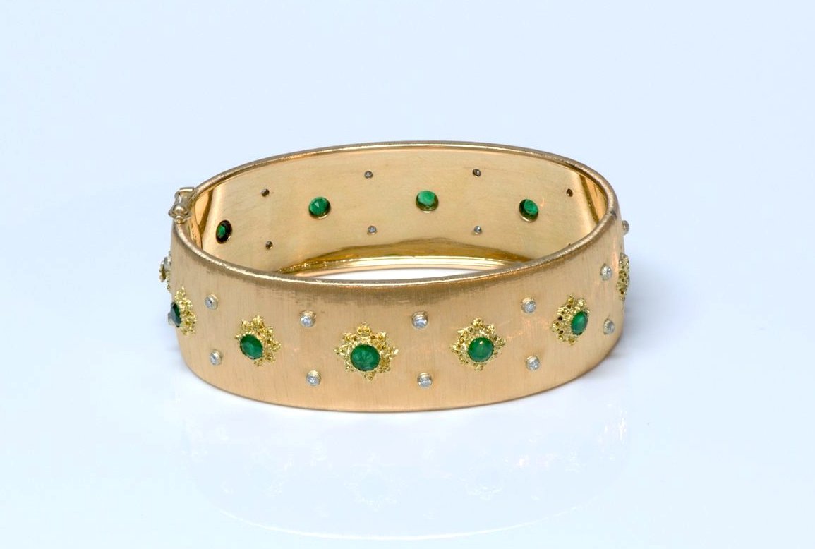 Vintage Buccellati Emerald & Diamond 18K Yellow Gold Macri Bangle Bracelet