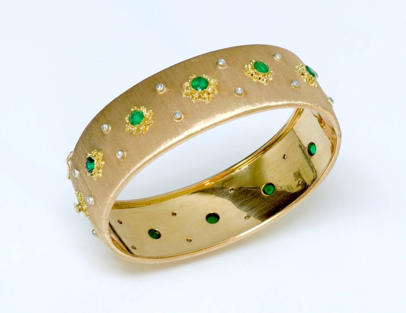 Vintage Buccellati Emerald & Diamond 18K Yellow Gold Macri Bangle Bracelet