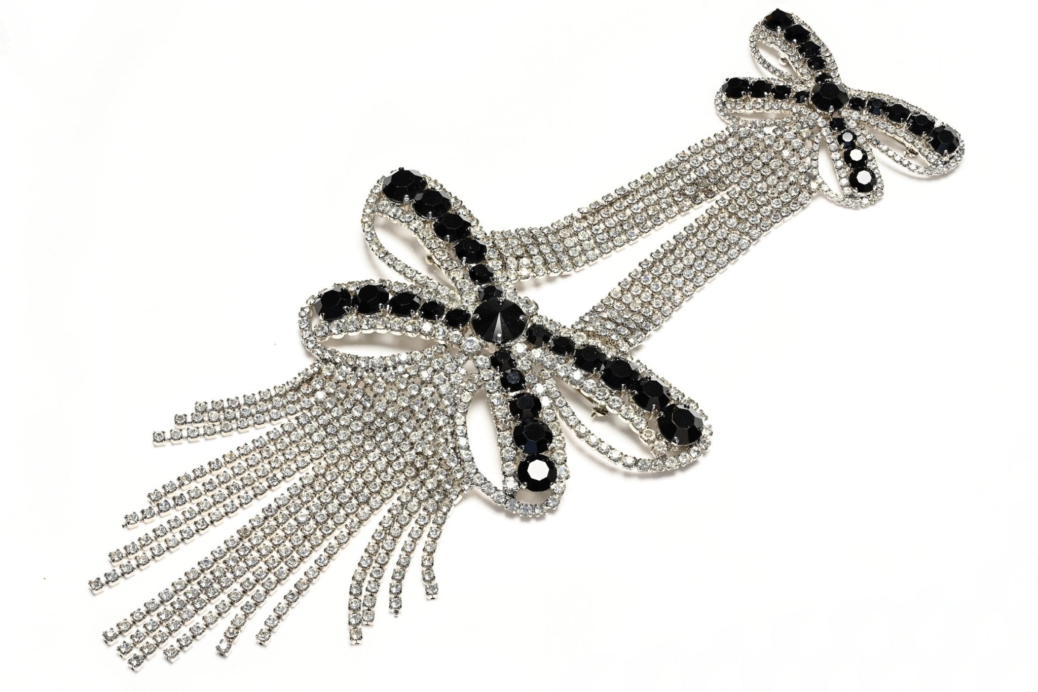 Vintage Butler & Wilson Belle Epoque Style Large Black Crystal Convertible Bow Tassel Brooch