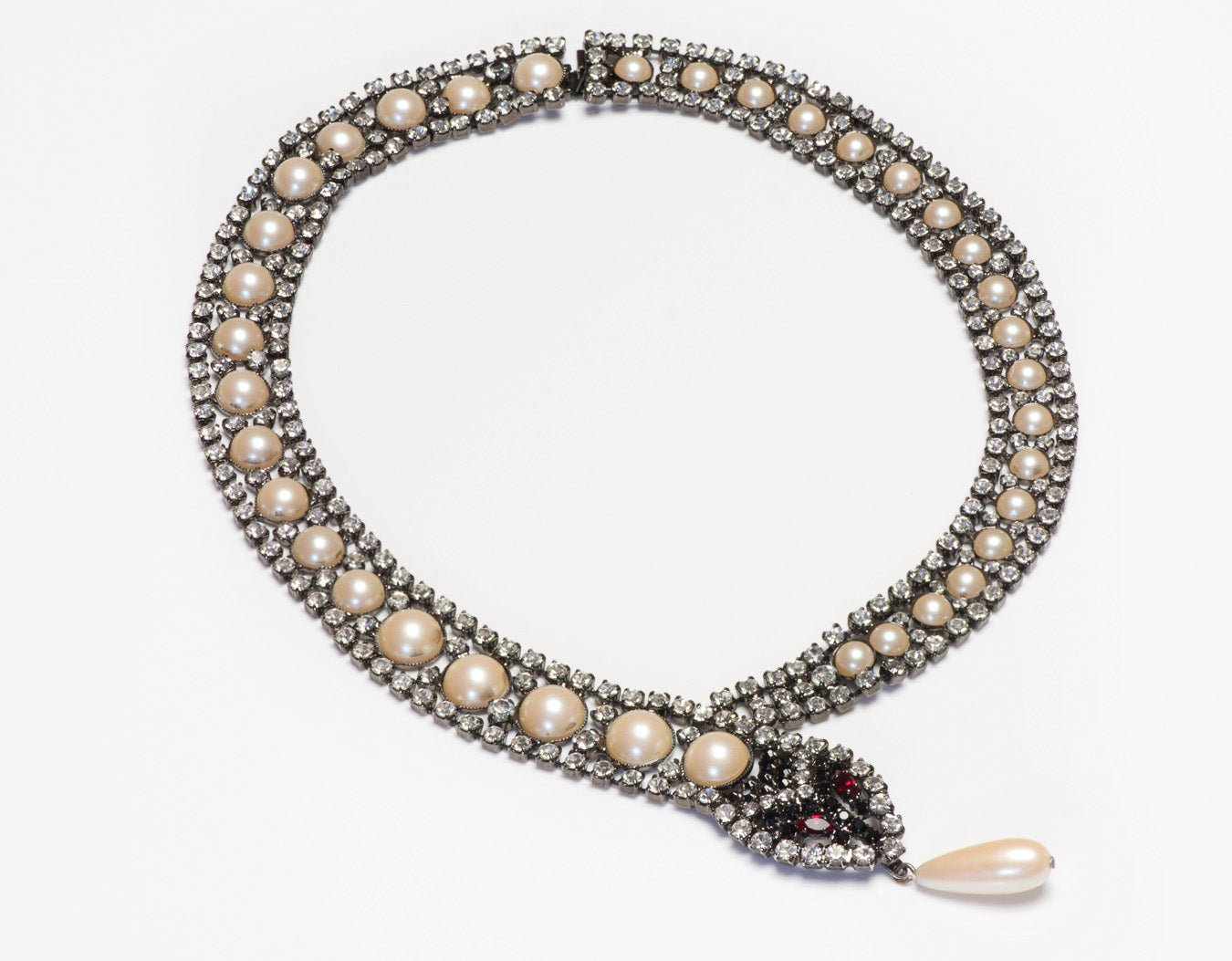 Vintage Butler & Wilson Crystal Faux Pearl Snake Collar Necklace