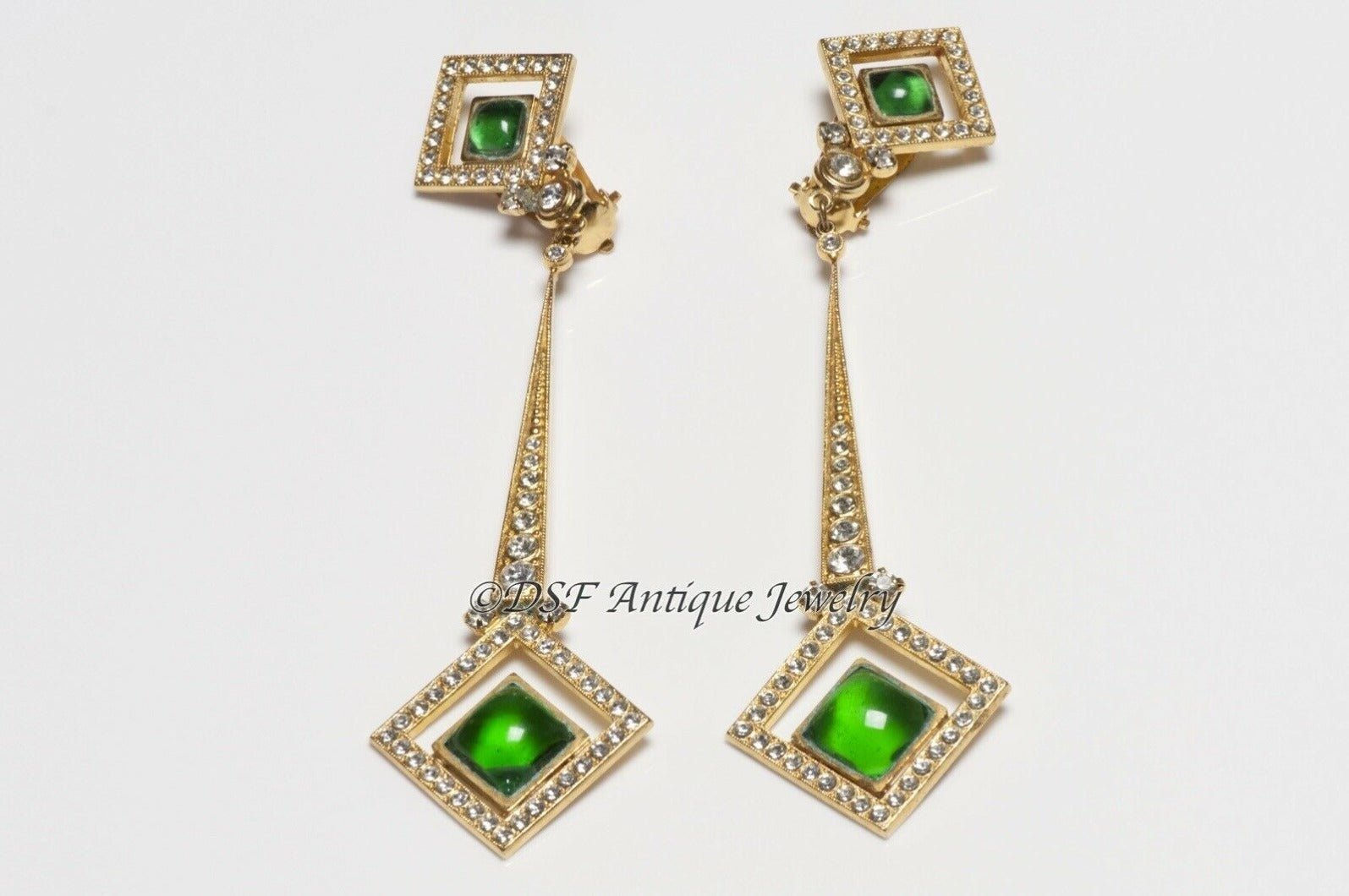 Vintage Butler & Wilson Long Green Poured Glass Crystal Earrings