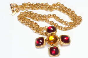 Vintage Carlisle Red Yellow Cabochon Lucite Cross Brooch Pendant Chain Necklace