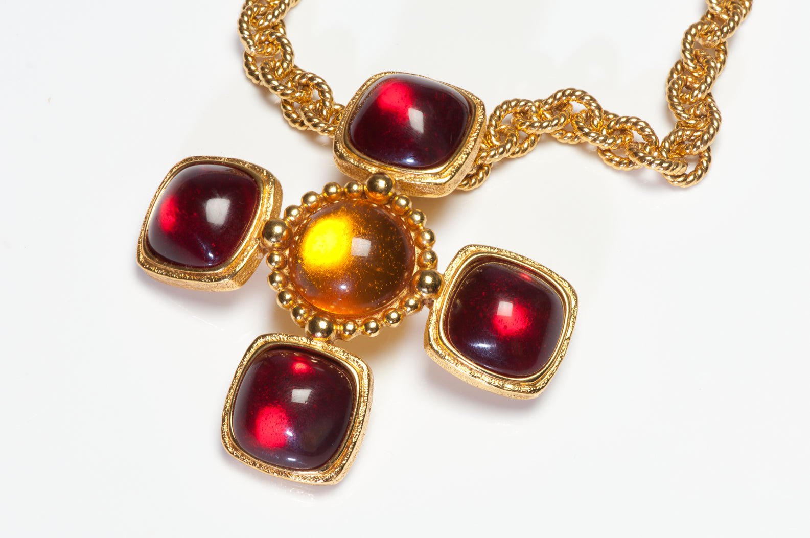 Vintage Carlisle Red Yellow Cabochon Lucite Cross Brooch Pendant Chain Necklace