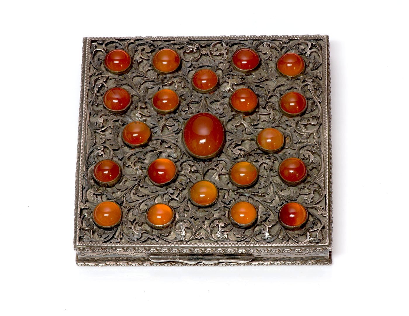 Vintage Carnelian Engraved Silver Compact