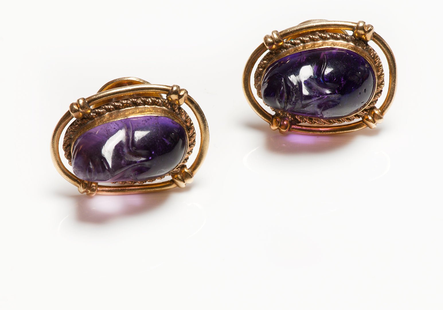 Vintage Carved Amethyst Face Gold Cuff Buttons
