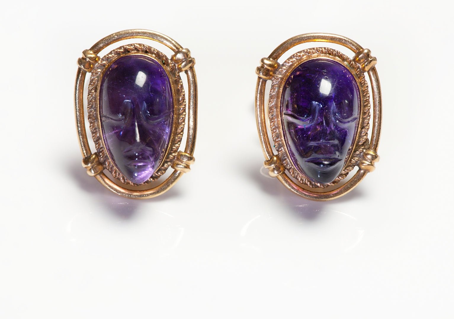 Vintage Carved Amethyst Face Gold Cuff Buttons