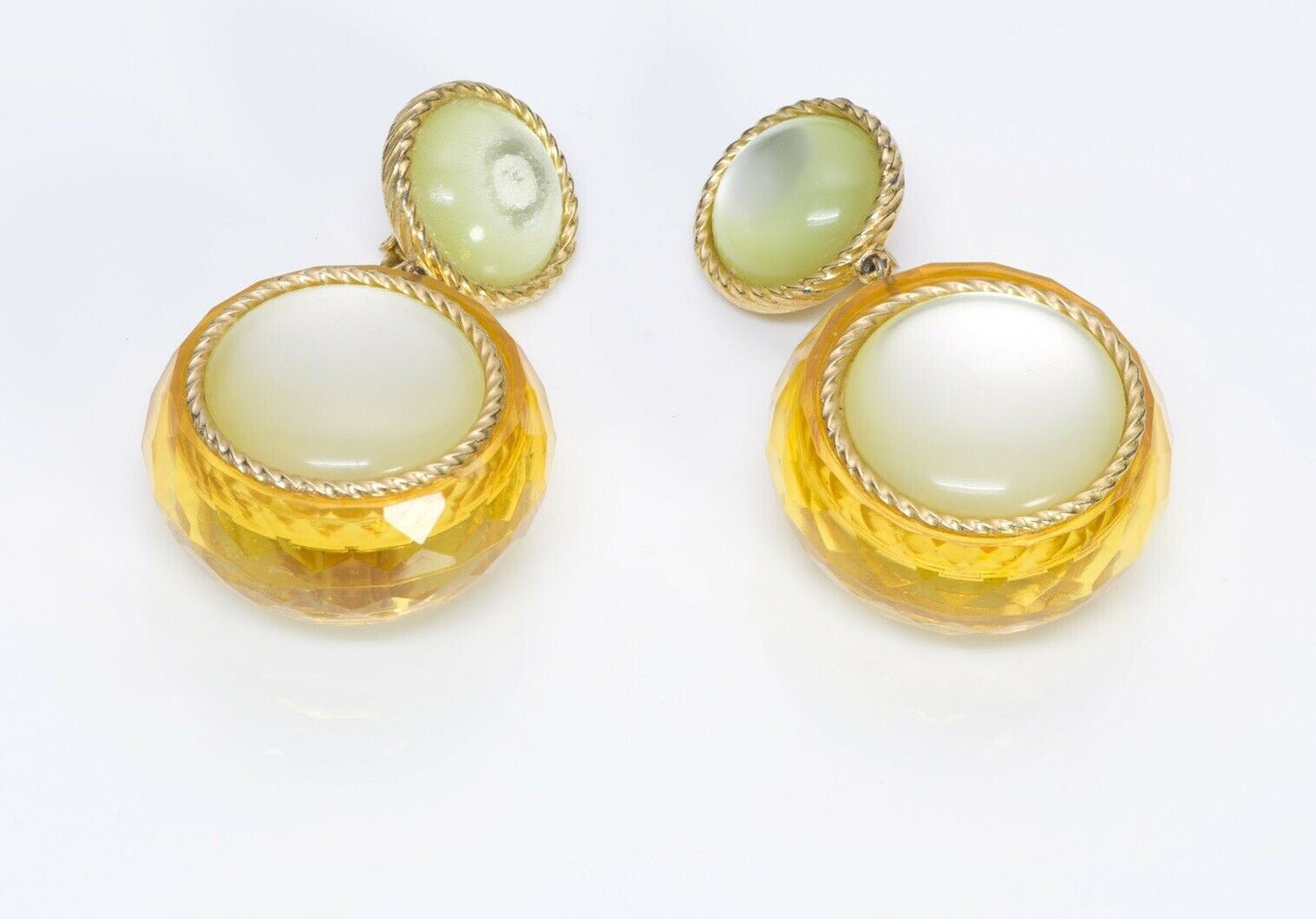 Vintage Castlecliff Long Yellow Lucite Round Drop Earrings