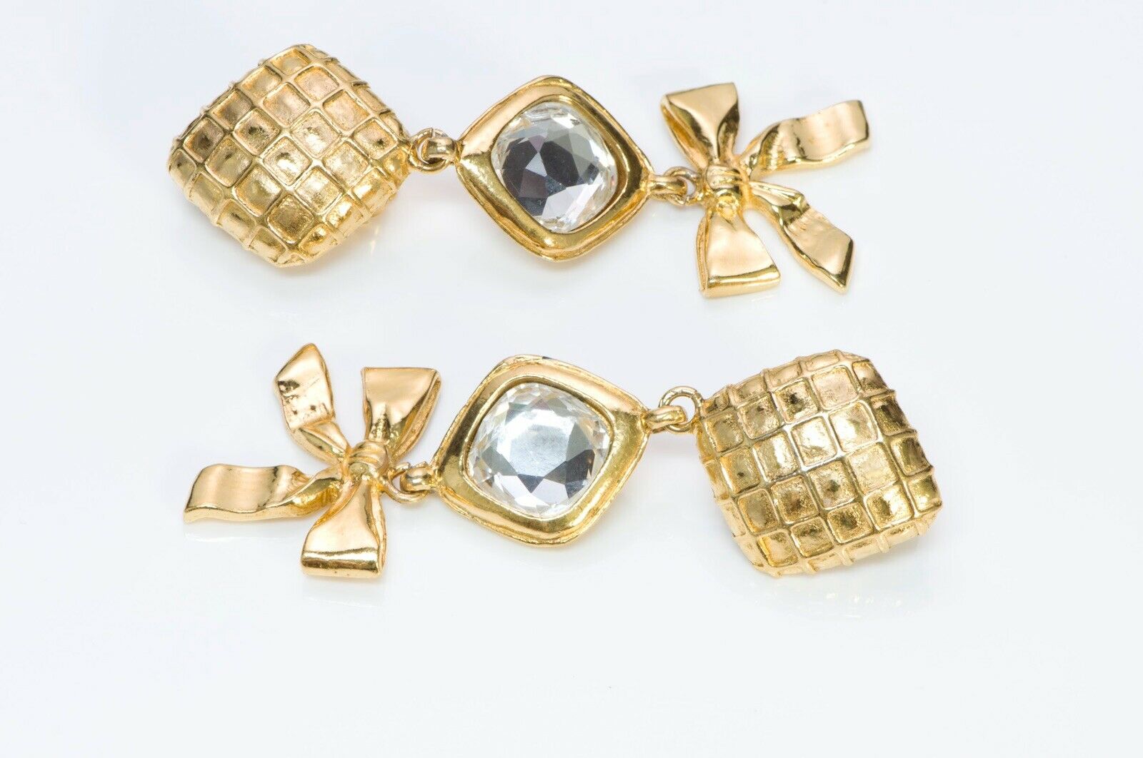 Vintage CHANEL CC 1970’s Long Quilted Crystal Bow Earrings