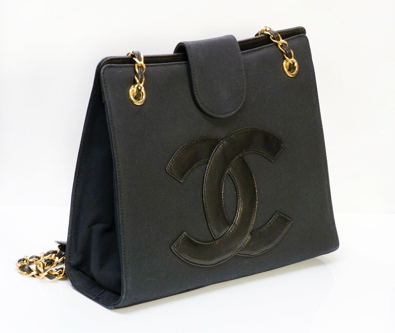 Vintage CHANEL CC Black Fabric Leather Chain Shoulder Bag