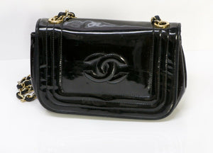 Vintage CHANEL CC Black Patent Leather Mini Crossbody Bag