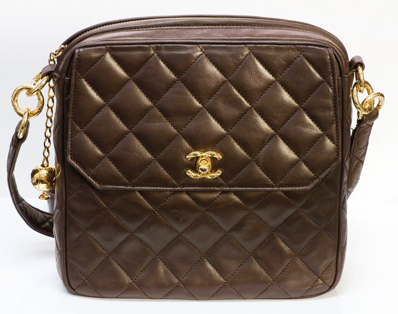 Vintage CHANEL CC Brown Quilted Leather Crossbody Bag