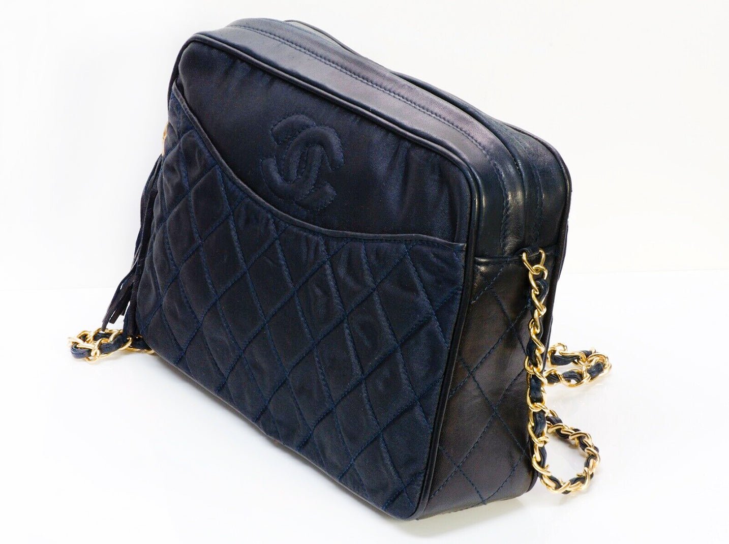 Vintage CHANEL CC Navy Blue Nylon Quilted Leather Crossbody Bag