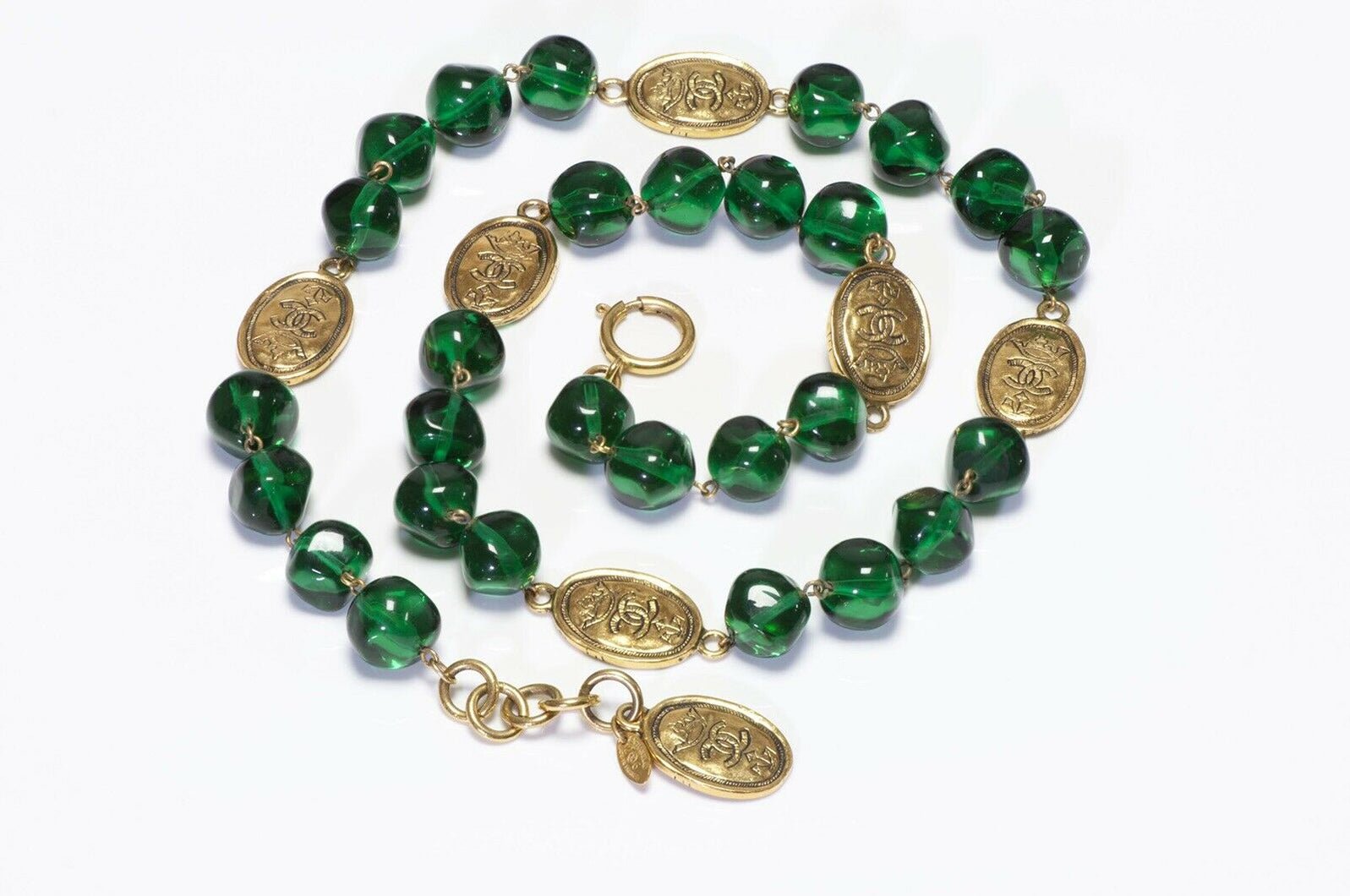 Vintage CHANEL Gripoix Green Glass Beads CC Sautoir Necklace