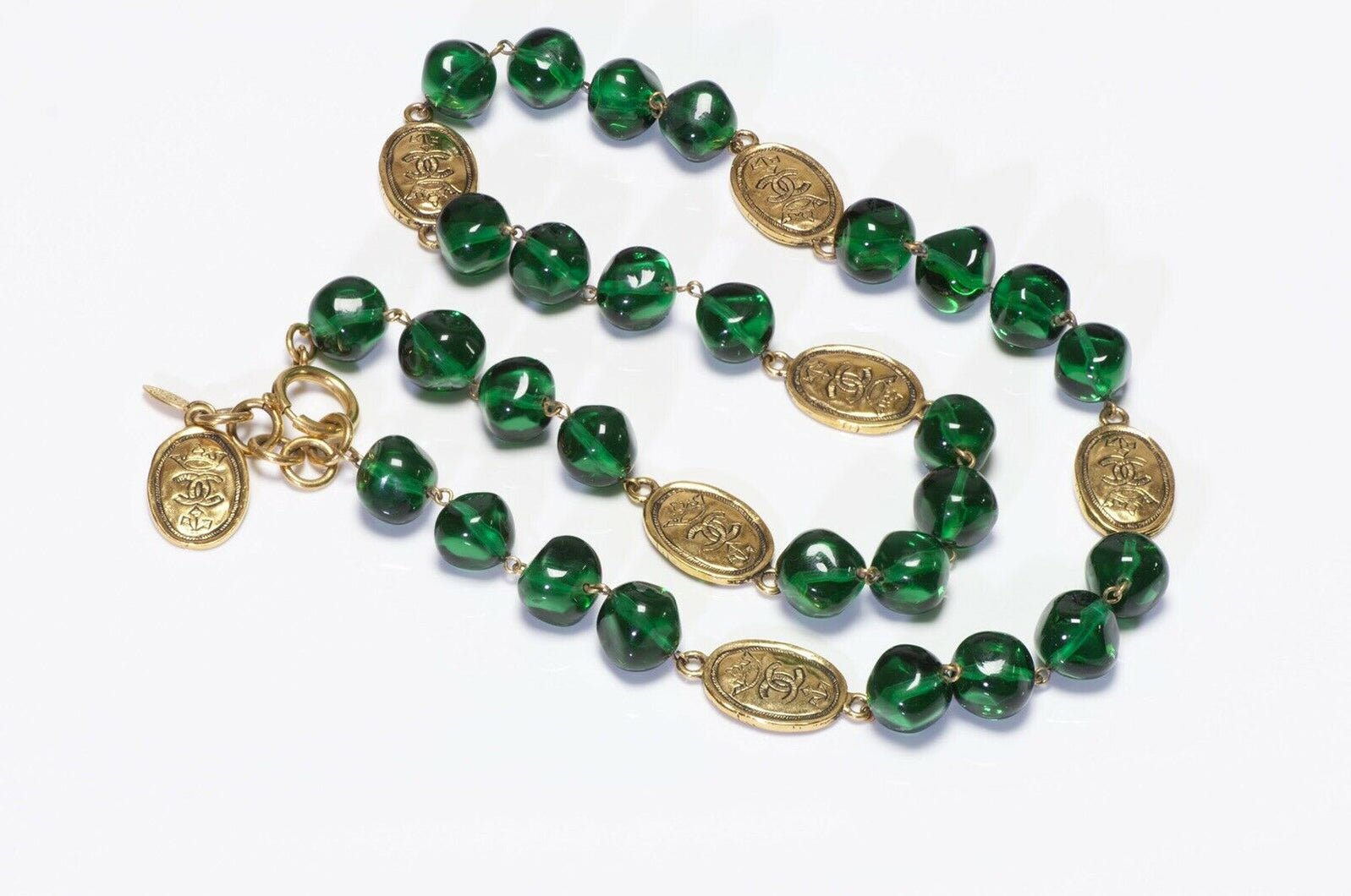 Vintage CHANEL Gripoix Green Glass Beads CC Sautoir Necklace
