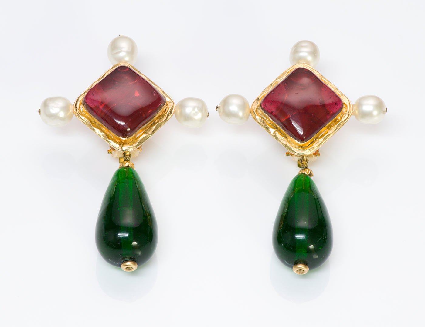 Vintage Chanel Gripoix Green Red Glass Pearl Byzantine Style Earrings