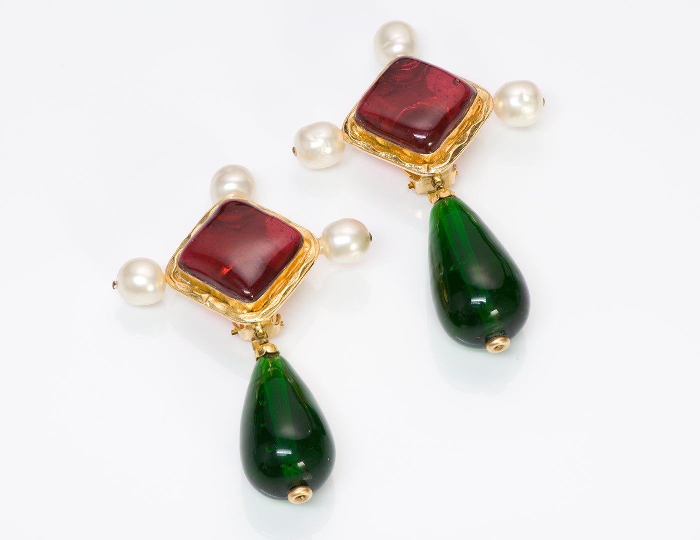 Vintage Chanel Gripoix Green Red Glass Pearl Byzantine Style Earrings