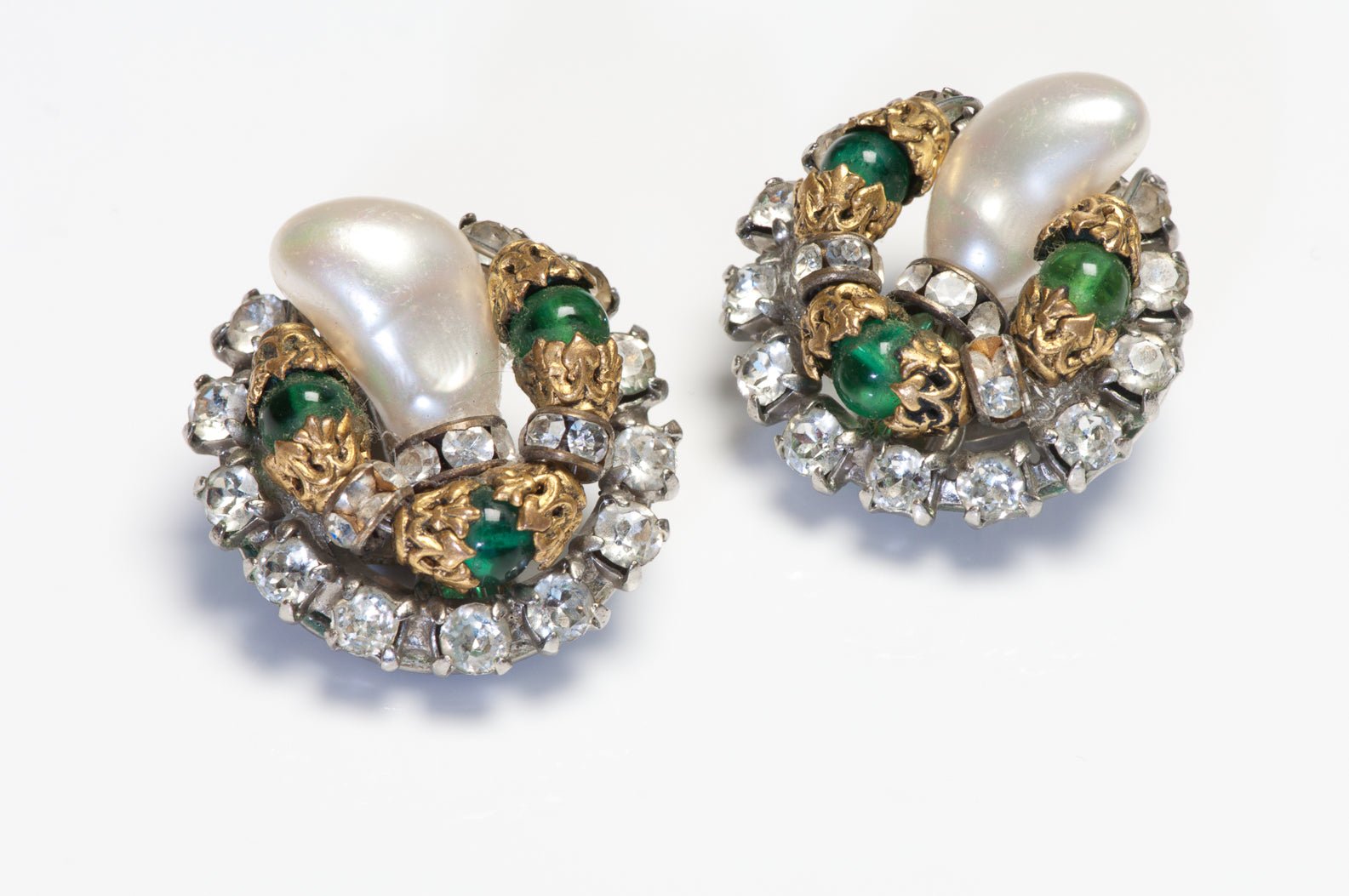 Vintage Chanel Maison Gripoix Green Glass Beads Baroque Style Pearl Earrings