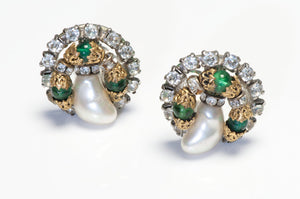 Vintage Chanel Maison Gripoix Green Glass Beads Baroque Style Pearl Earrings