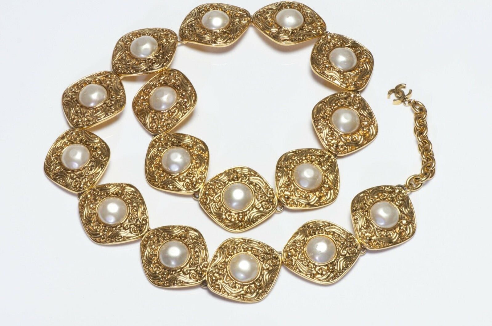Vintage CHANEL Paris 1980’s CC Byzantine Style Faux Pearl Chain Belt