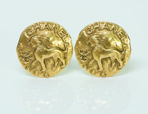 Vintage Chanel Paris 1980's CC Lion Coin Earrings