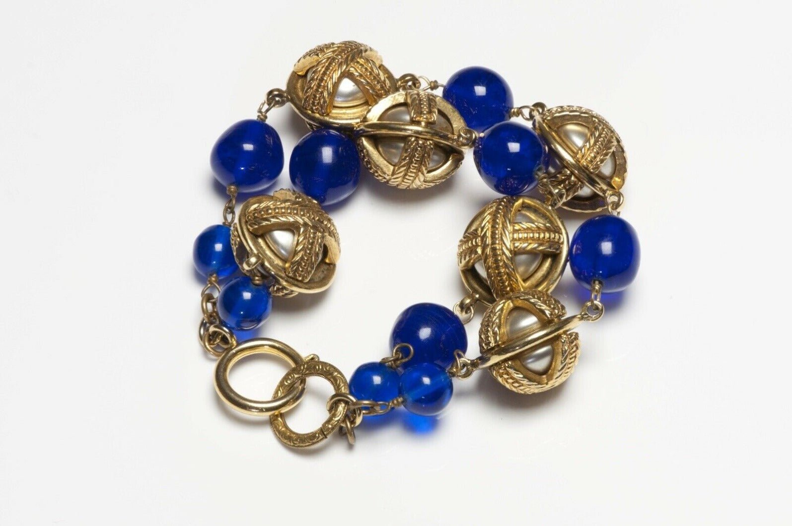 Vintage CHANEL Paris 1980’s Maison Gripoix Blue Glass Pearl Chain Bracelet