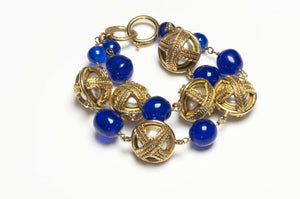 Vintage CHANEL Paris 1980’s Maison Gripoix Blue Glass Pearl Chain Bracelet
