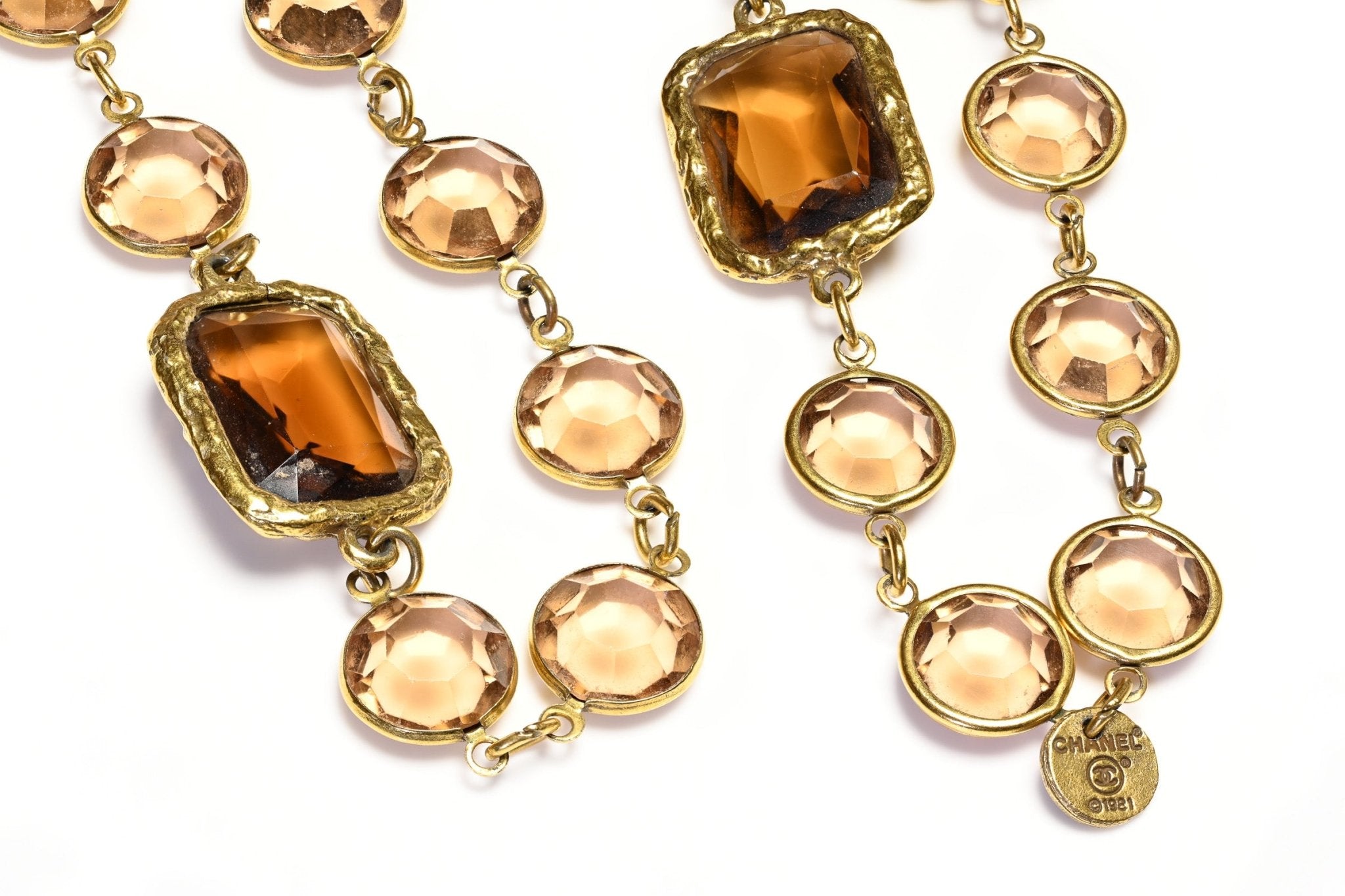 Vintage Chanel Paris 1981 Amber Brown Color Crystal Chiclet Sautoir Necklace