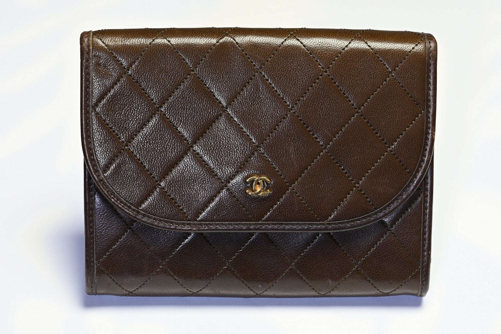 Vintage Chanel Paris Brown Quilted Leather CC Mini Flap Clutch Crossbody Bag