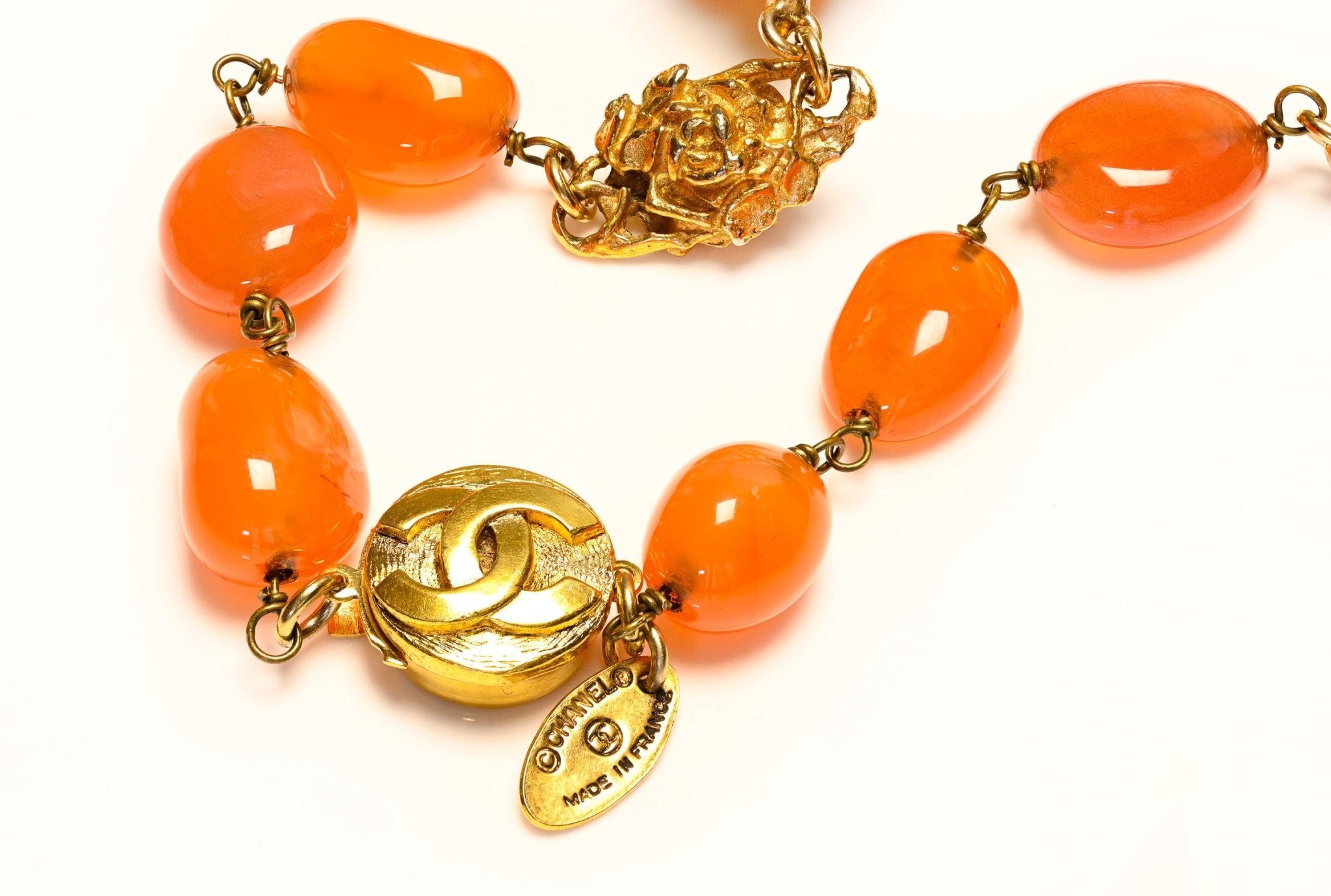 Vintage Chanel Paris by Goossens Carnelian Beads Camellia Flower Sautoir Necklace