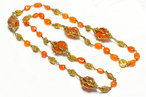 Vintage Chanel Paris by Goossens Carnelian Beads Camellia Flower Sautoir Necklace